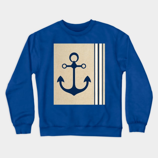 Nautical Boat Yacht Ship Anchor Burlap Navy Blue White Stripes Pattern Crewneck Sweatshirt by ernstc